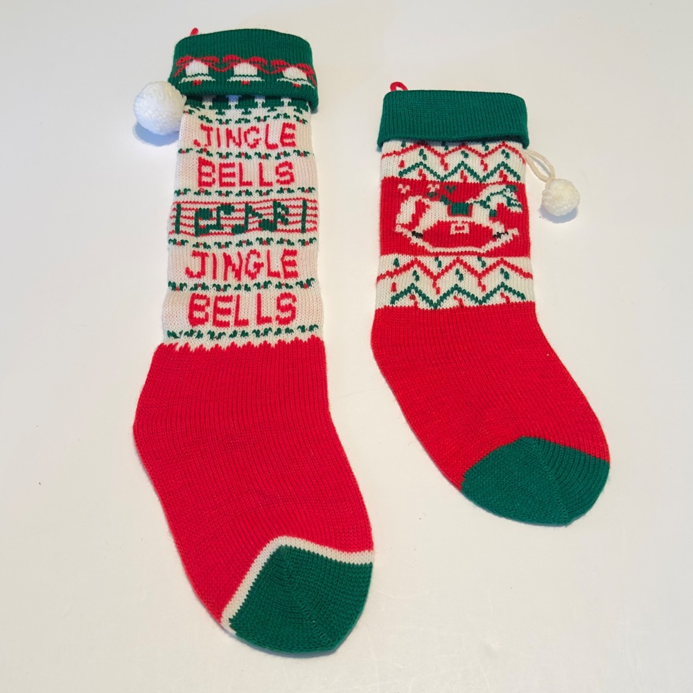 Vintage Christmas Stocking Red Green Knit Jingle Bells Rocking Horse Set of 2
